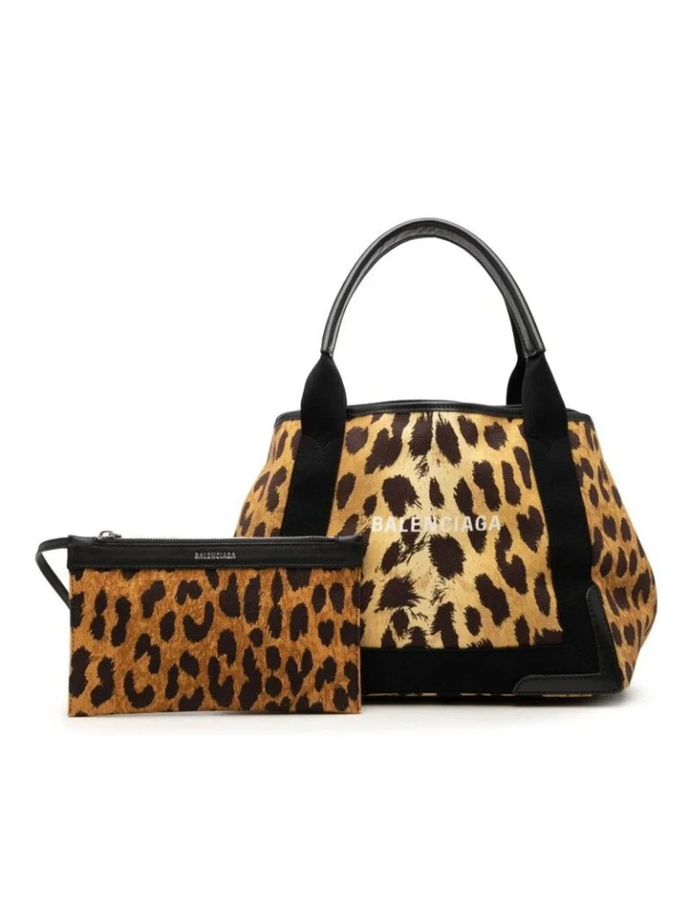 Balenciaga Navy Cabas S Tote Bag Leopard Print Brown Canvas Leather